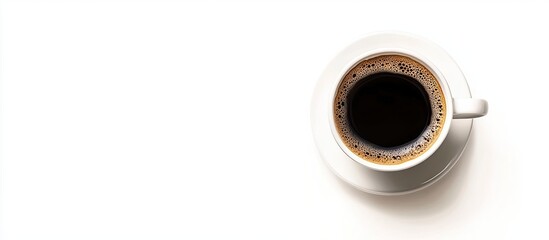 A cup of black coffee set against a white background viewed from above. with copy space image. Place for adding text or design