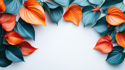 A frame of vibrant orange and blue leaves arranged on a white background, creating a blank space in the center.