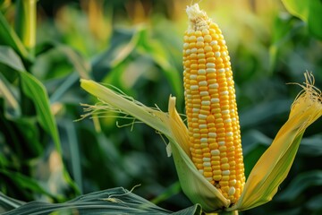 Wall Mural - A ripe ear of golden corn with its kernels attached, growing in an organic corn field