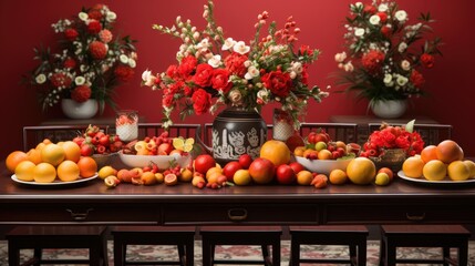 Poster - Chinese new year festival table over red background. Traditional lunar new year food.  