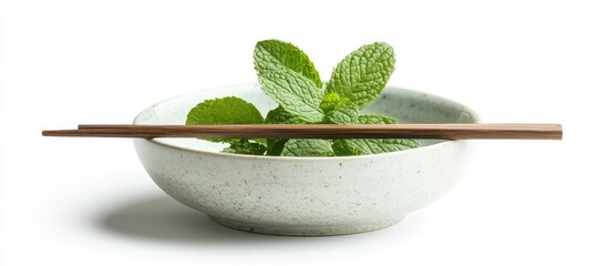 Wall Mural - Fresh mint leaves close up in a porcelain dish with a handle for chopsticks on a white background. with copy space image. Place for adding text or design