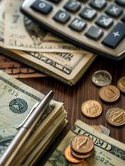 Aufkleber - A stack of cash and coins is placed next to an open notebook filled with notes and calculations, indicating financial planning efforts. Generative AI