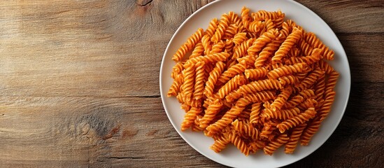 Poster - Plate of Delicious Whole Wheat Fusilli Pasta in Tomato Sauce with Dried Pasta Spread Around. with copy space image. Place for adding text or design