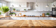 © ARVD73 - Kitchen wooden counter top table background, blurred of white clean home interior bokeh. Table banner template copy space for your product.