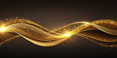 Banner. Sparkling luxury gold waves on the black brown background. Premium design for wallpaper or poster.