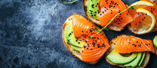 Fototapete - toast with avocado and fresh salmon. with copy space image. Place for adding text or design