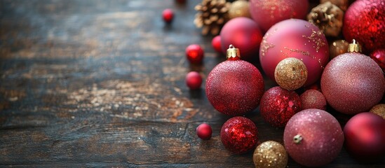Poster - Red and pink Christmas ornaments on a dark wooden table Top view. with copy space image. Place for adding text or design