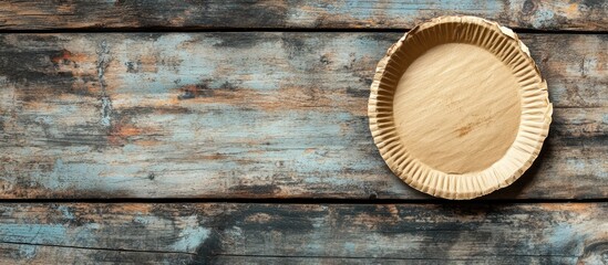 Poster - Worn cardboard plate on a wooden surface. with copy space image. Place for adding text or design