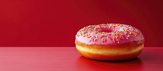 Aufkleber - Close up of a pink glazed doughnut topped with rainbow sprinkles placed on a red table with room for text on the left. with copy space image. Place for adding text or design