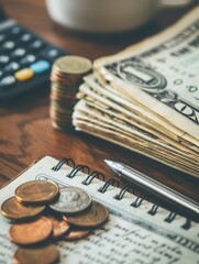 Aufkleber - A stack of cash and coins alongside an open notebook filled with financial calculations, highlighted by a nearby calculator. Generative AI