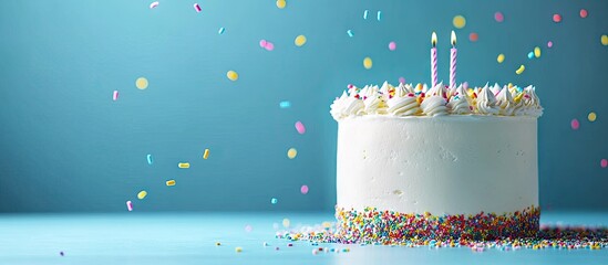 Poster - White birthday cake with vibrant sprinkles against a blue background. with copy space image. Place for adding text or design