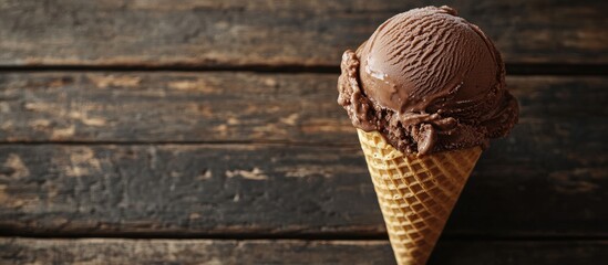 Poster - Chocolate ice cream in a waffle cone on a rustic wooden surface selective focus copy space