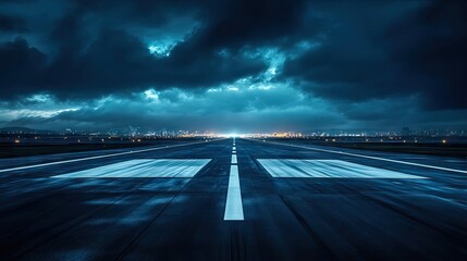 Empty airport runway at night with distant city lights, wide-angle lens capturing vast spaces. AI generated illustration