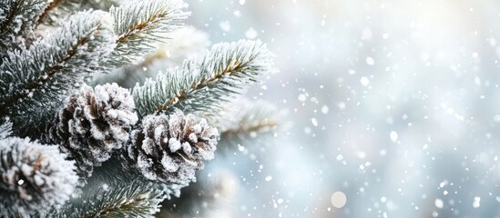 Leinwandbilder - Winter snowy pine Christmas tree scenery Fir branches adorned with hoar frost create a Wonderland The wintry season is approaching for the New Year Serene blurred snowflakes form a winter background