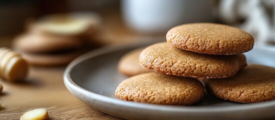 Poster - Homemade shortbread cookies featuring ginger and honey on a plate on the table close up Tasty fragrant gingerbread pastry copy space DIY gingerbread cookies
