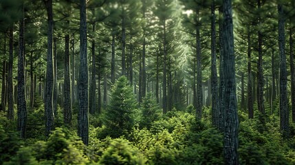 Poster - 3D Illustration of a Lush Green Forest with Tall Trees