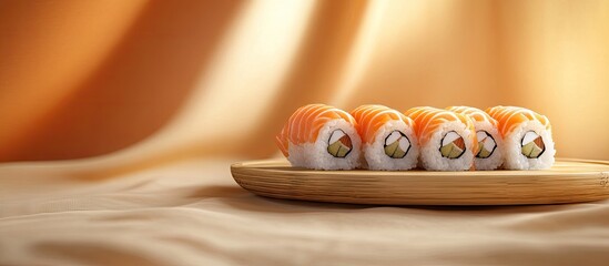 Aufkleber - Close up of sushi presented on a wooden plate set against a sack like texture. with copy space image. Place for adding text or design