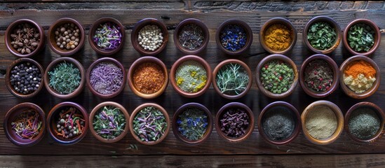 Seasoning background Fresh and dried herbs and spices in bowls for spice and herb seasoning A variety of colorful herbs and spices for cooking on a rustic wooden background Top view Copy space