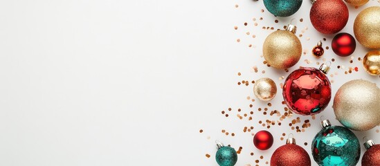 Flat lay arrangement featuring Christmas balls on a white background Christmas and New Year banner with copyspace for your text