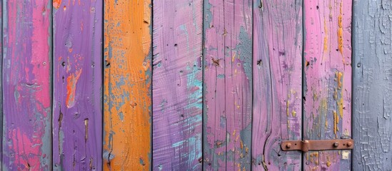 Sticker - Purple violet orange and blue old wooden texture background Multicolored backdrop Close up of a scratched weathered wooden wall with flaking colorful paint Horizontal wooden planks Copy space