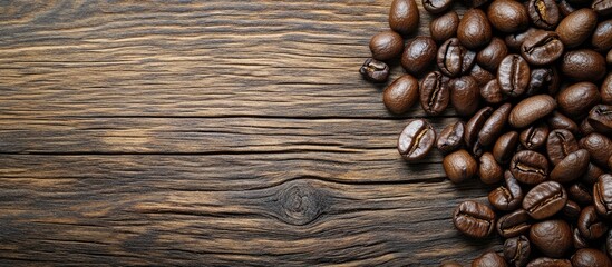 Wall Mural - Coffee beans on a wooden surface with copy space