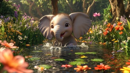 Adorable baby elephant splashing in a pond, surrounded by colorful flowers and plants, 3D children-friendly cartoon animation