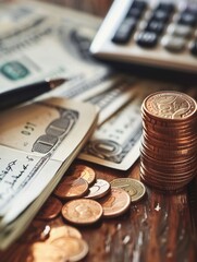 Aufkleber - A stack of cash and coins sits beside an open notebook filled with notes and calculations on a wooden table. Generative AI