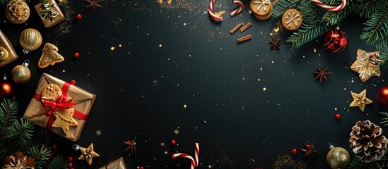 Poster - Christmas decoration featuring xmas ornaments cookies a pine tree and gifts with copy space on a black background