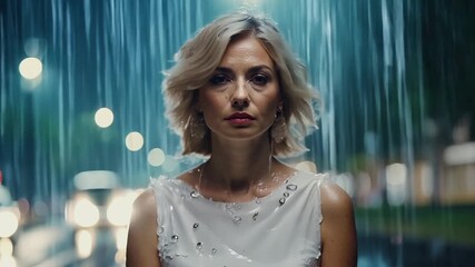 Poster - Woman standing on a street in the rain serious face