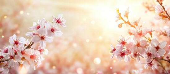 Wall Mural - beautiful natural scene featuring blooming sakura flowers and sun flare spring blossom backdrop with