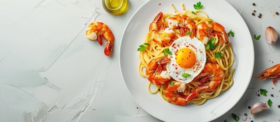 Poster - Spicy seafood spaghetti with shrimp and eggs on a white plate background Traditional Italian cuisine tasty food with great flavor. with copy space image. Place for adding text or design