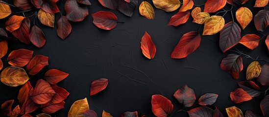 Wall Mural - Frame made of autumn leaves set against a black background. with copy space image. Place for adding text or design