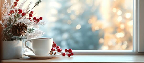 Fototapete - Christmas arrangement with coffee on the windowsill Concept for a holiday greeting card. with copy space image. Place for adding text or design