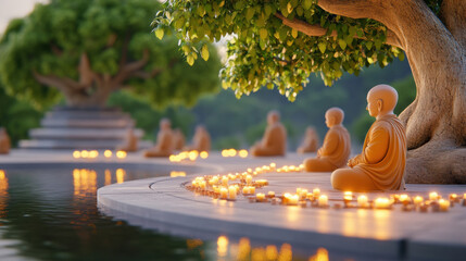 Poster - A group of buddha statues sitting around a tree with candles, AI