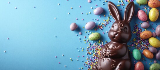 Aufkleber - Chocolate bunny and candy with colored sugar sprinkles on a blue background top view Easter arrangement Easter chocolate bunny Celebratory sweet treat Chocolate figure Sweets. with copy space image