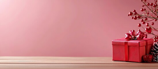 Aufkleber - New Year festival Valentine s Day decorations a red gift box on a wooden table with a pink background. with copy space image. Place for adding text or design