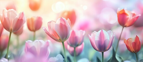 Poster - Vibrant tulips bloom in spring creating a bokeh floral backdrop pastel and soft for a card with a selective focus A colorful tulip field is highlighted with selective focus Background of nature flowe