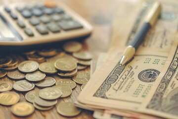 Aufkleber - A stack of cash and coins alongside a notebook filled with notes and calculations, indicating a budgeting or financial planning activity. Generative AI