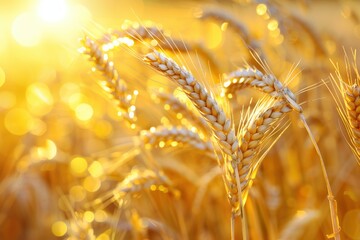 Golden wheat swaying in the summer breeze on a sunny day