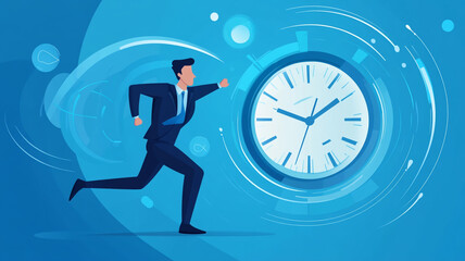 A businessman hurries against a swirling clock background symbolizing the urgency of time management