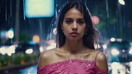 Poster - Woman standing on a street in the rain serious face