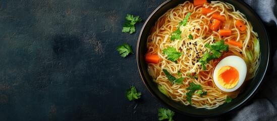 Fototapete - Homemade Oriental Ramen noodle soup featuring egg carrot onion and parsley Vegan dish Nutritious meal. with copy space image. Place for adding text or design