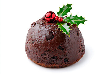 Poster - Traditional British Christmas pudding with christmas decoration isolated on white background