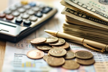 Aufkleber - A notebook filled with notes, a stack of cash, coins, and a calculator suggest active financial planning and organization. Generative AI
