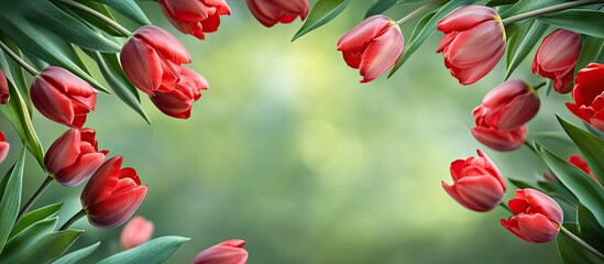 Poster - Frame crafted from lovely tulip flowers set against a green background. with copy space image. Place for adding text or design