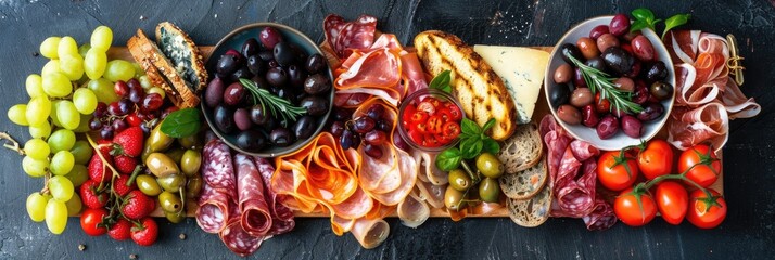 Wall Mural - Gourmet charcuterie and cheese platter showcasing an assortment of antipasti, including tapas, salmon sandwiches, and olives.