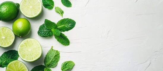 Leinwandbilder - Sliced and whole limes along with mint leaves on a white wooden table copy space selective focus