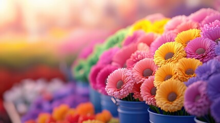 Canvas Print - A bunch of flowers in blue buckets are sitting on a table, AI