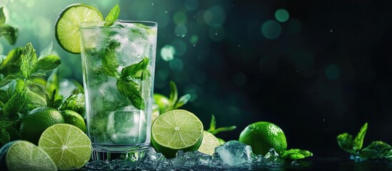 Leinwandbilder - Lime mojito in a clear glass against a dark background Surrounding it are fresh lime slices ice and mint The idea of refreshing summer citrus beverages cocktails and lemonade. with copy space image