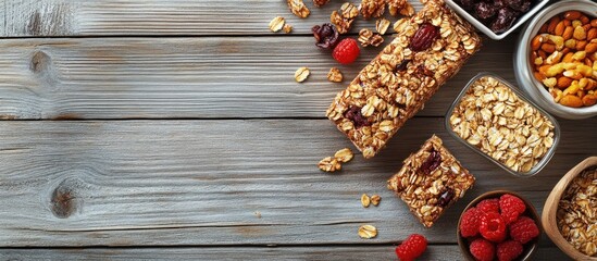 Poster - Delicious granola bars and ingredients arranged on a grey wooden table viewed from above Room for text. with copy space image. Place for adding text or design